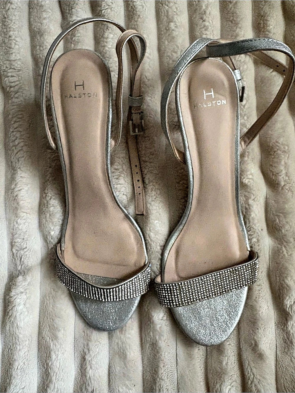 Halston Silver Rhinestone Strap Heels